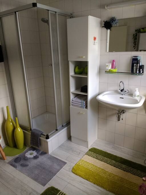 De douchecabine op de badkamer.
