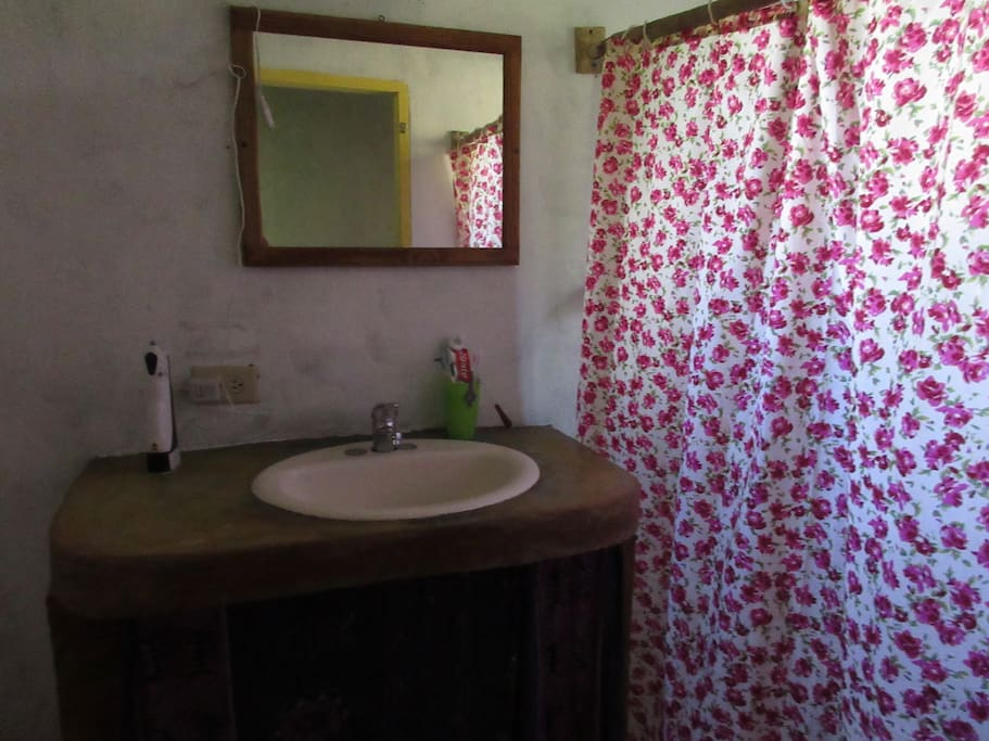 Bathroom has a shower and hot and cold water