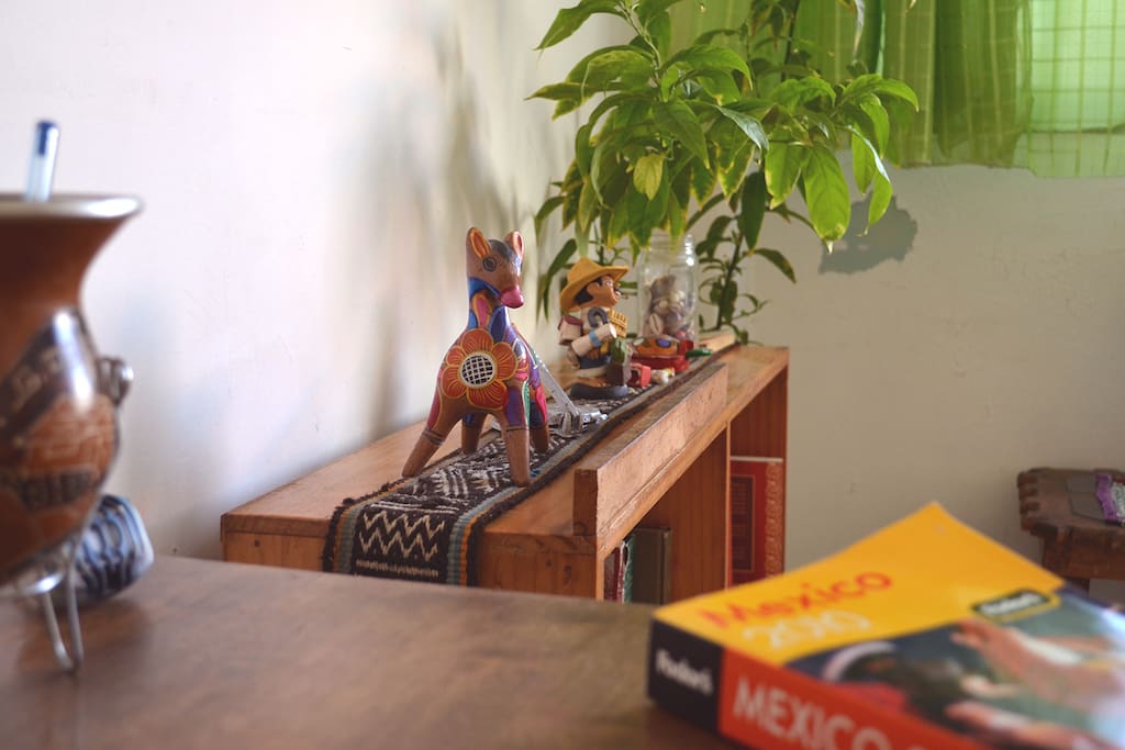 Dispones de una mesa de trabajo, algunos libros y revistas sobre México y la ciudad, muchos de ellos los han dejado otros viajeros para compartirlos contigo.