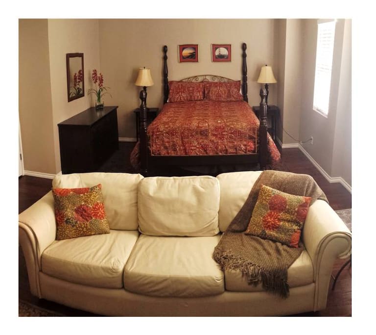 Room is large and spacious with comfy queen bed and sitting area with leather sofa, TV, mini fridge, micro, and pub table!