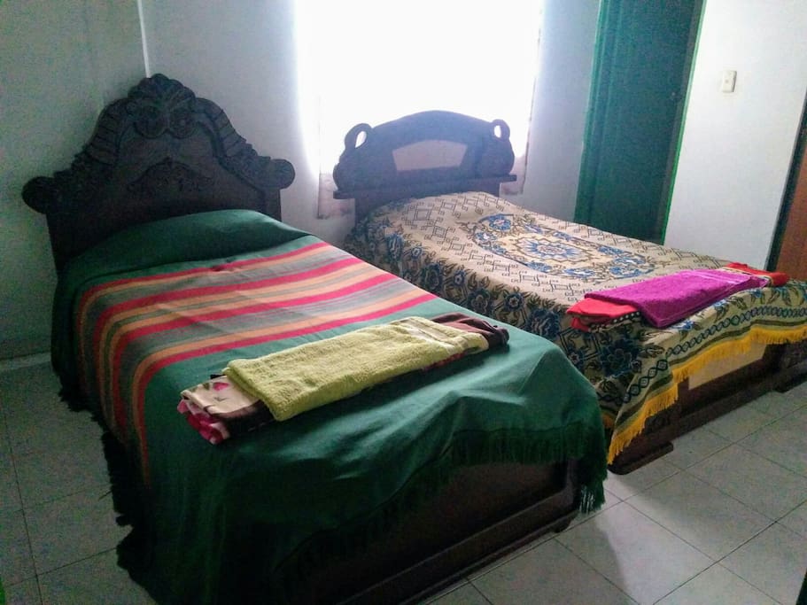 Inside of The room: two beds, at the bottom the bathroom and the closet on the right.