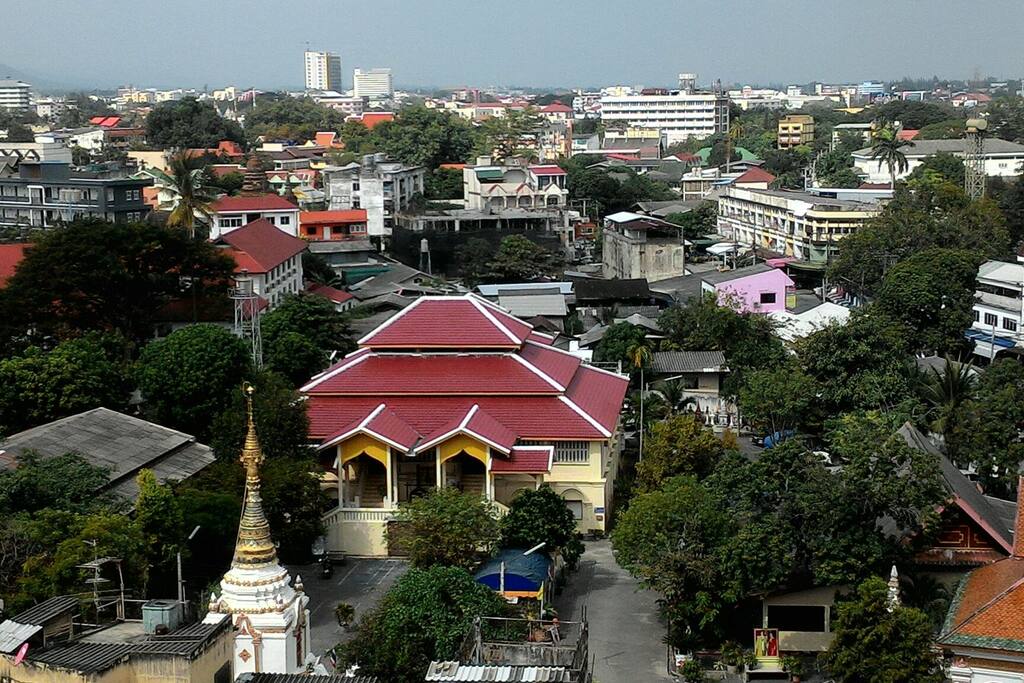 View north with temple in foreground