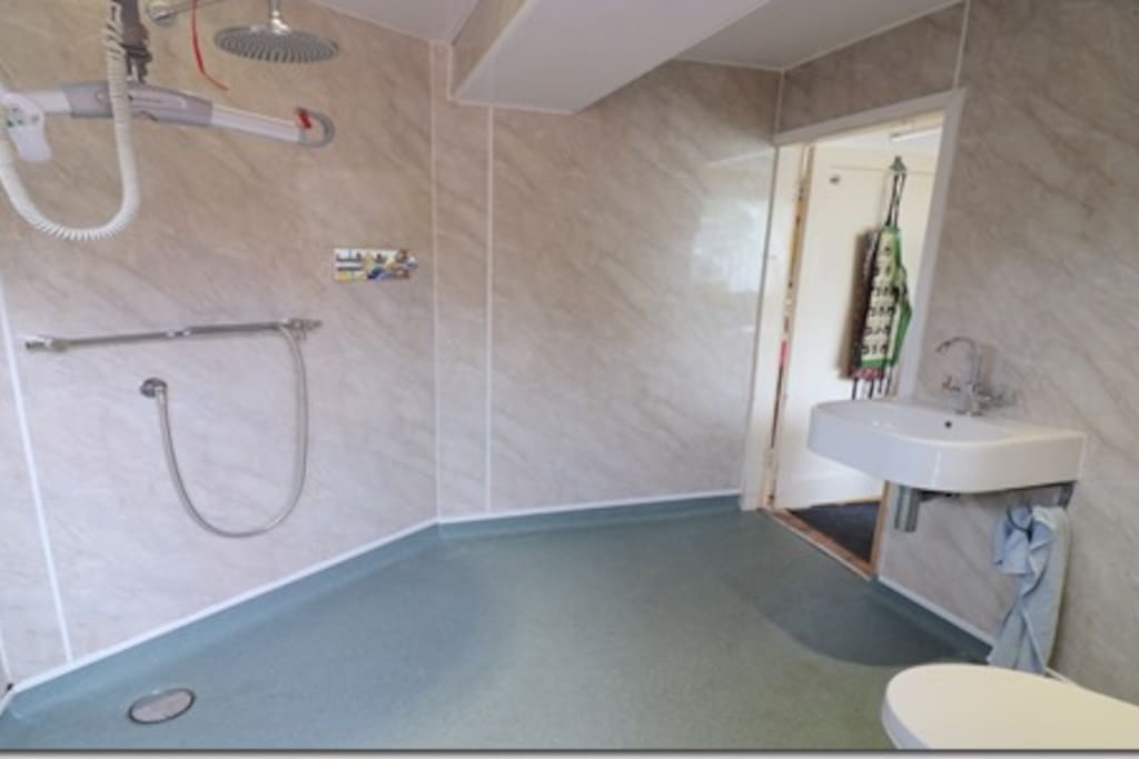 Roll-in wet room (downstairs). Choice of overhead ceiling mounted deluge shower or hand held wand shower head.
Basin and toilet.