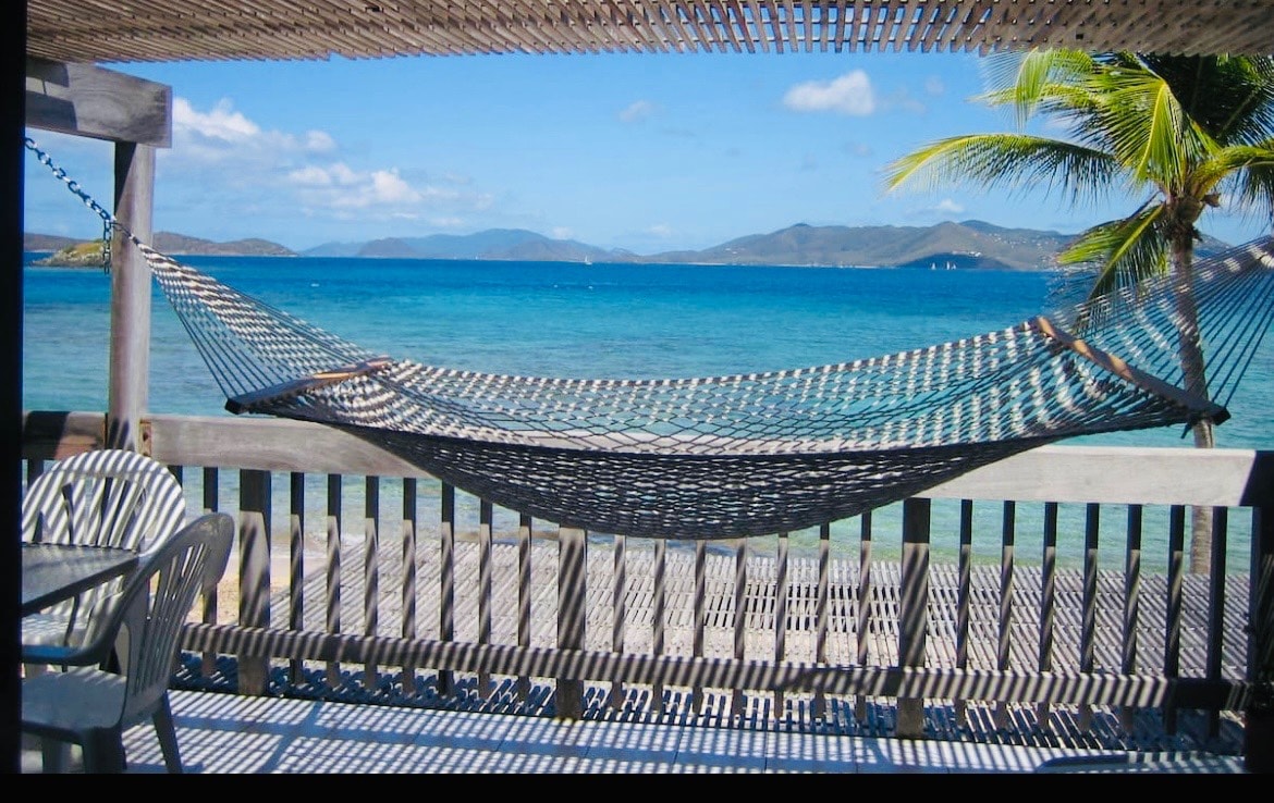 A hammock is suspended between wooden posts, overlooking the clear blue waters. Gentle waves lap against the shore with distant islands visible on the horizon. A palm tree casts soft shadows, creating a tranquil outdoor setting ideal for relaxation.