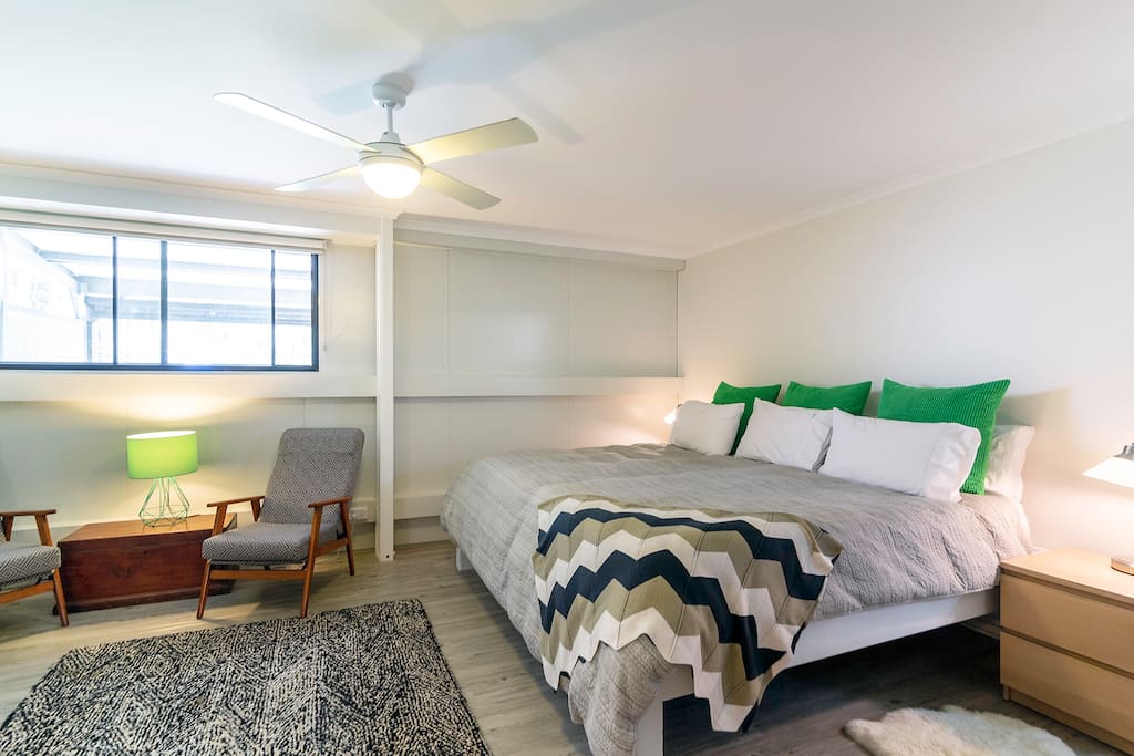 Bedroom 1, SUPERking - bigger than a normal king. Reverse cycle air con in all the rooms