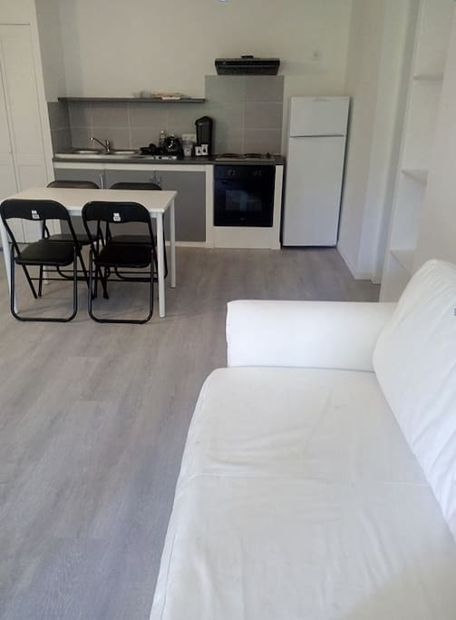 Living room and its fully equiped American kitchen