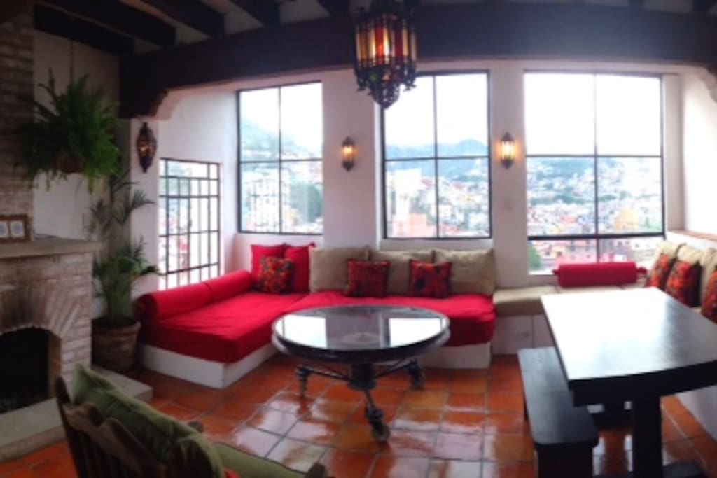Casa Mirador Main Living Room with views and wood-burning fireplace