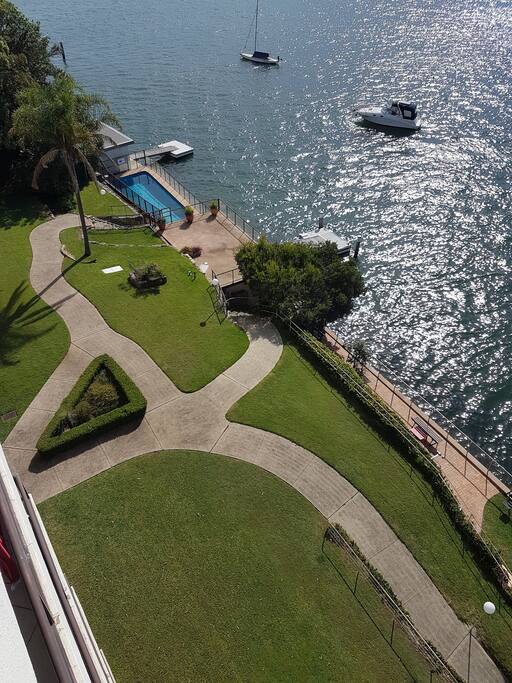 Lawn and pool area in front of the building