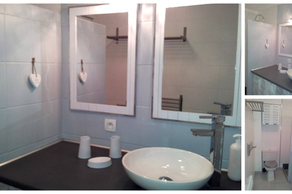 Sa salle de bain avec machine à laver, sèche cheveux...