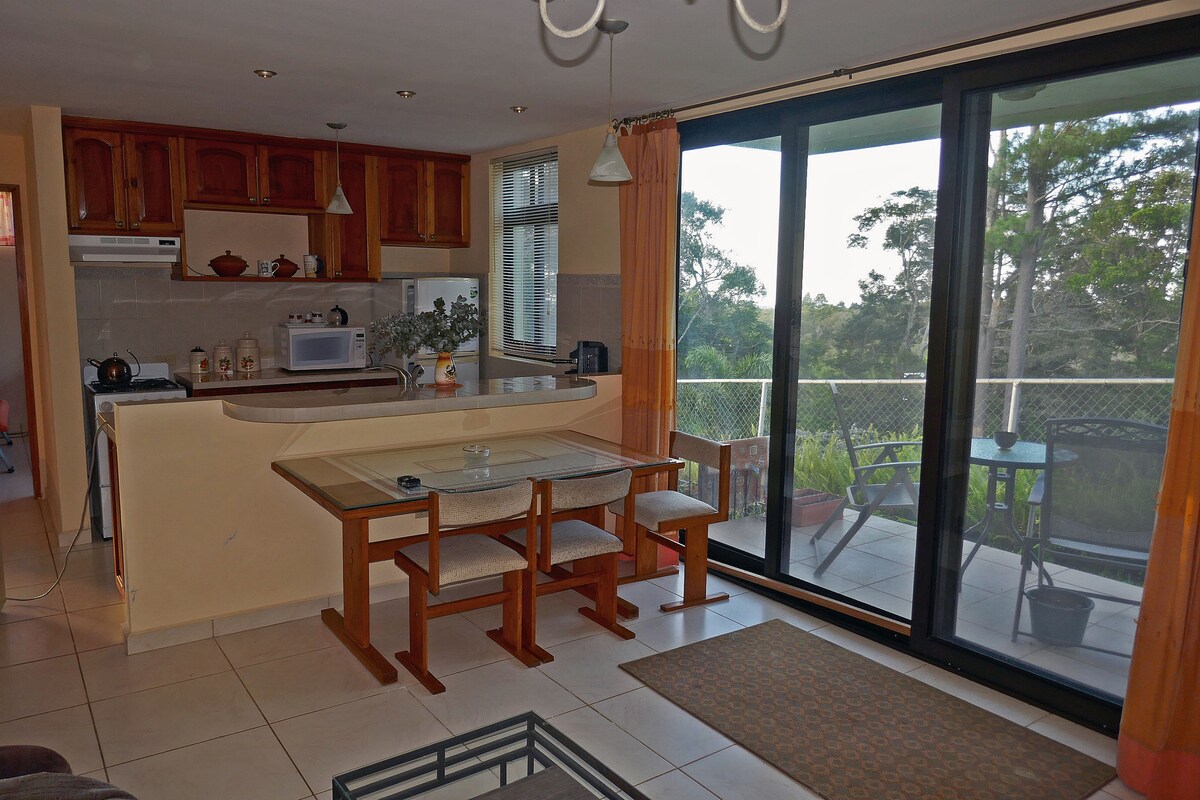 A bright and airy kitchen area is visible, featuring a small dining table with four chairs. Large glass sliding doors open to a balcony, providing views of the surrounding trees. Light wood cabinetry and neutral-toned tiles enhance the inviting atmosphere.