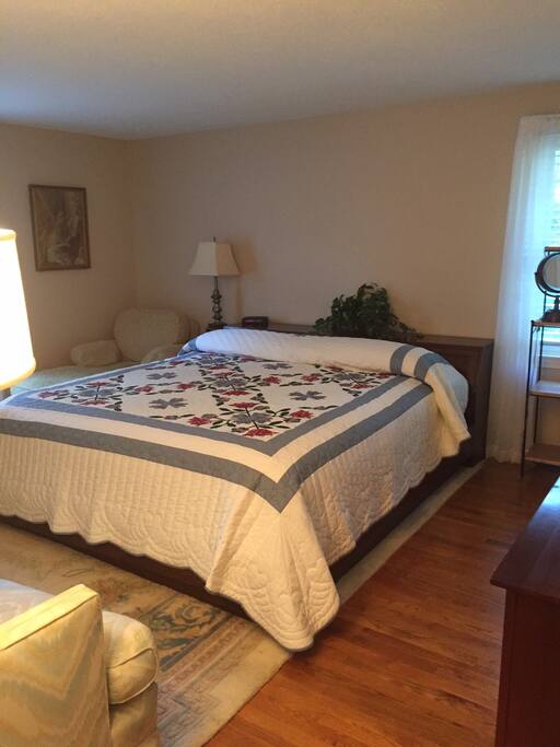 king bed in master bedroom; bath with shower is adjacent