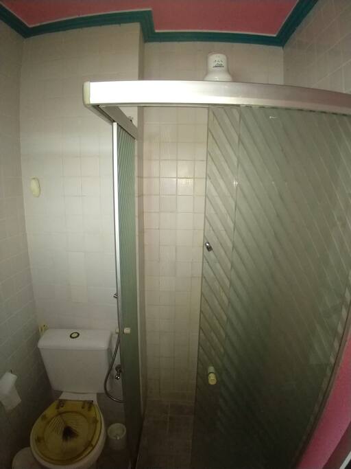 Banheiro com ducha elétrica ( quente e frio ), sanitário com duchinha e pia com armário.
