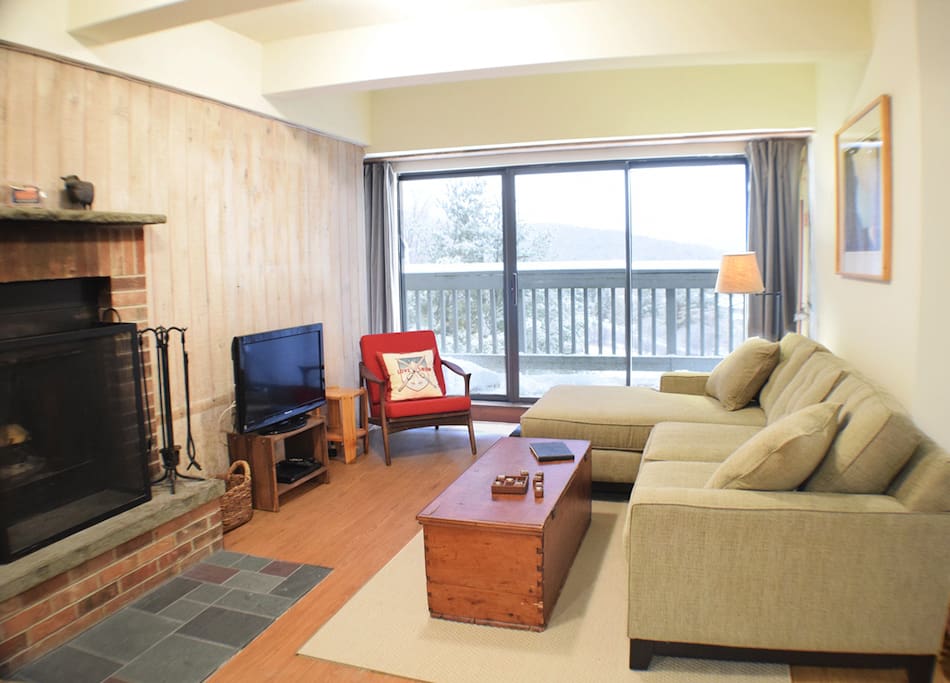 Living Area with wood burning fireplace and stunning mountain views