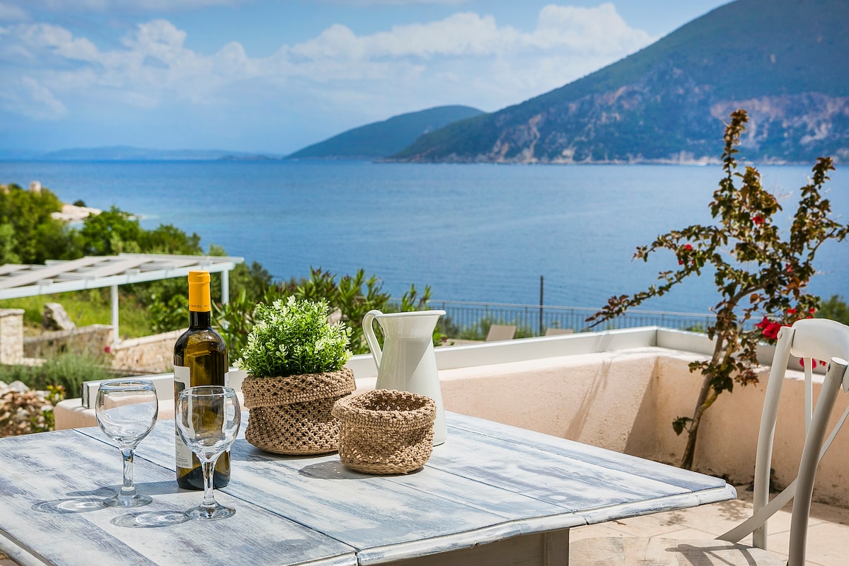 A dining table is set with two glasses and a bottle of wine, positioned on a terrace overlooking the sea. Lush greenery is displayed in decorative pots. The view captures the tranquil water and distant mountains, creating an inviting outdoor dining space.