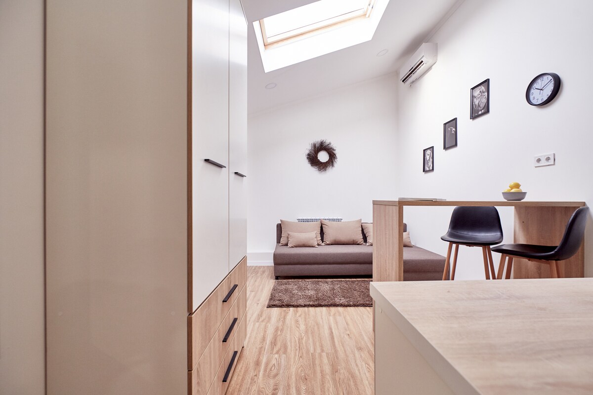 The image depicts a bright and airy studio apartment featuring a spacious seating area with a large brown sofa. A simple wooden table with two black chairs is positioned nearby. Wall decor and a skylight contribute to the open feel of the space.