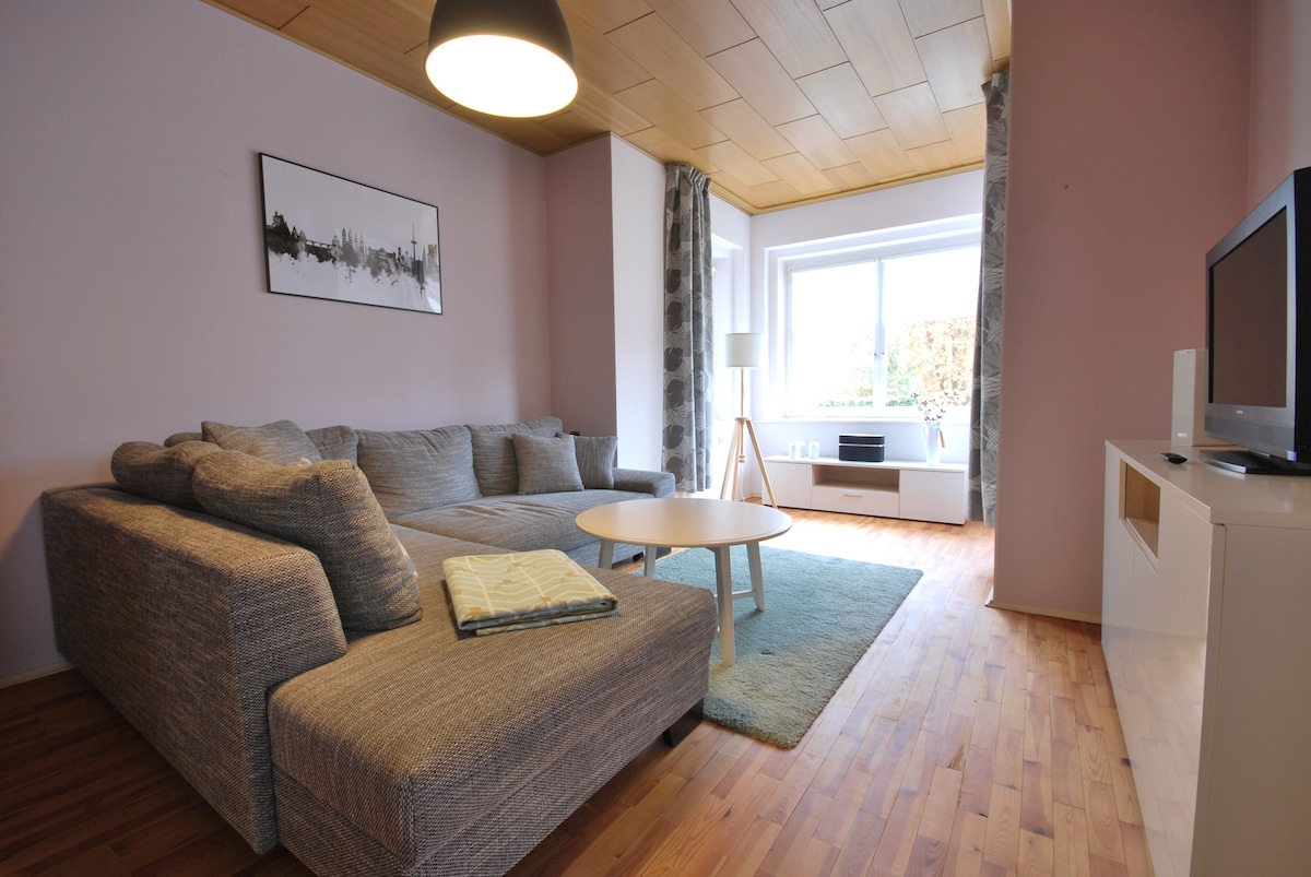 Cozy, large couch with lots of pillows and blanket for reading, listening to music or watching TV in the living room.