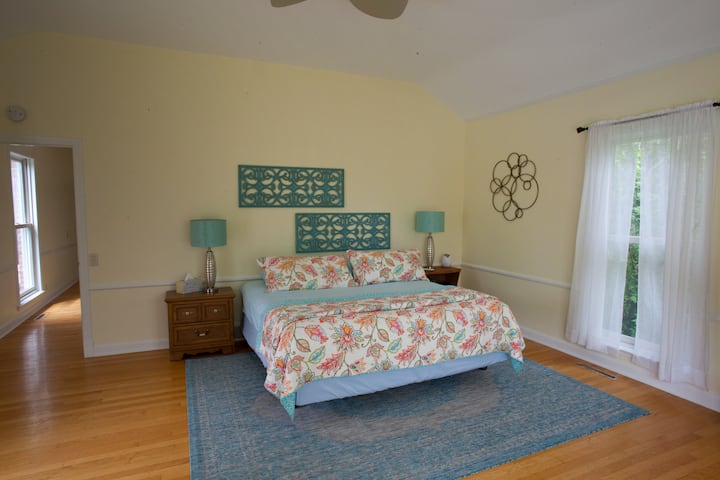 Master bedroom with king size bed and mid century modern touches.