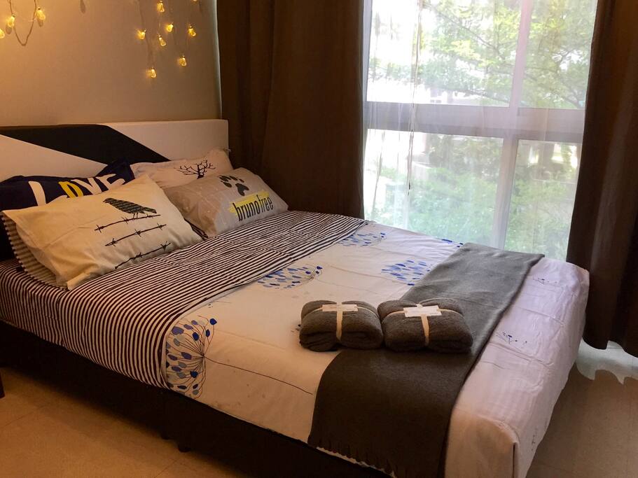 Master bedroom with full length window