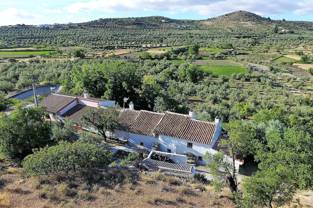 The farmhouse stands at the foot of a rocky hillside, overlooking olive and almond groves.