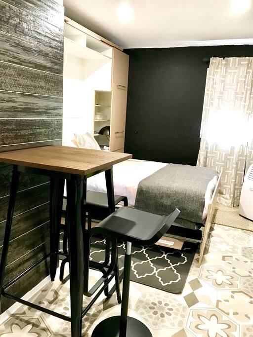 Tolix Black Bar Table with two Italian Made Black Contemporary Chairs