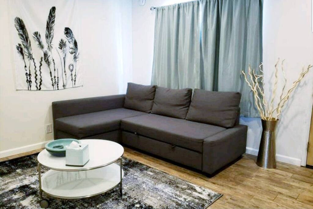 This is a full size pull out sofa bed. Extra bedding is stored in the chaise