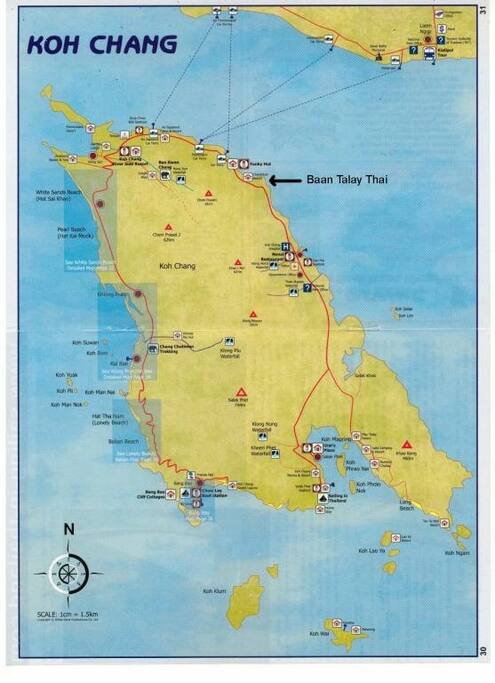 turn left from either of the ferries and after a few kilometres find us on the left at the blue Baan Talay Thai sign follow the narrow road down and The terrace is the large white villa on your right