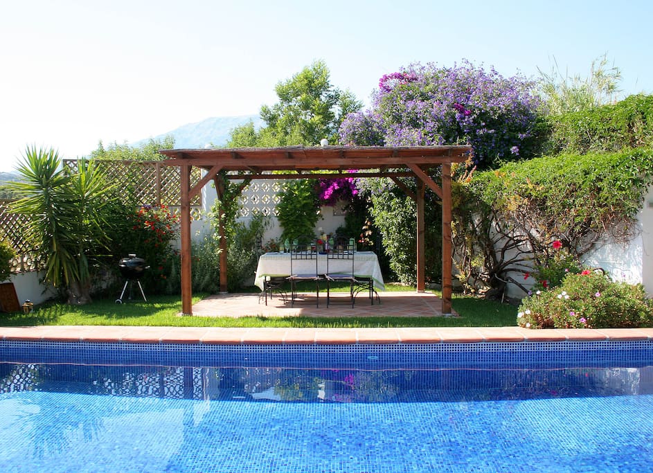 Pergola next to pool for dining