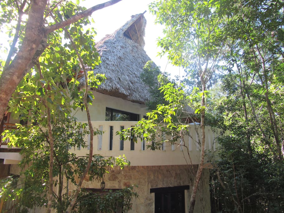 second floor in front. patio and palapa roof.