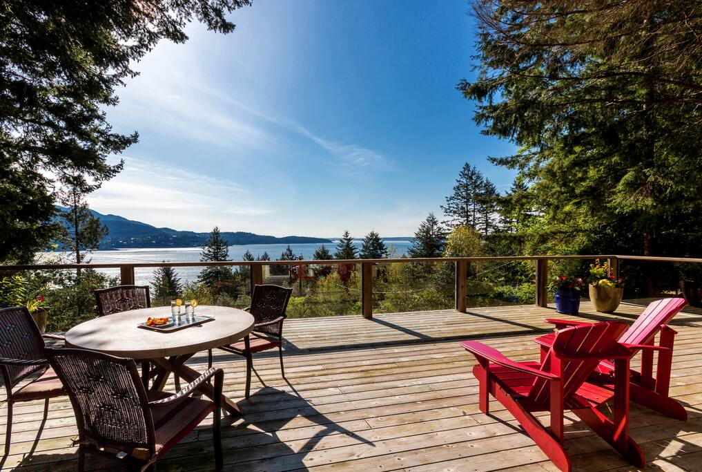 Patio dining with ocean views, BBQ, chaise lounge, and nature.