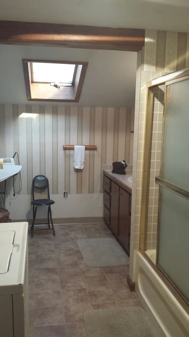 Bathroom: iron, ironing board, washer, dryer, shower, bathtub, etc.