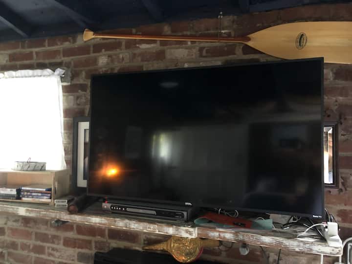 New 52 inch Roku TV with free movies & local TV
100 year old up cycled scaffolding Mantle
