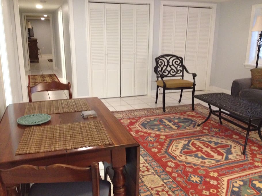 Living-Dining area from outdoor entrance (Queen Air mattress, toddler bed, Pack & play available)