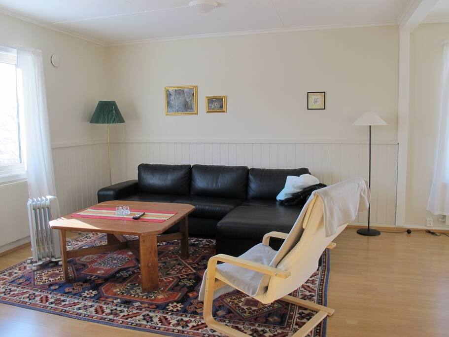 Stue med sofa og tv