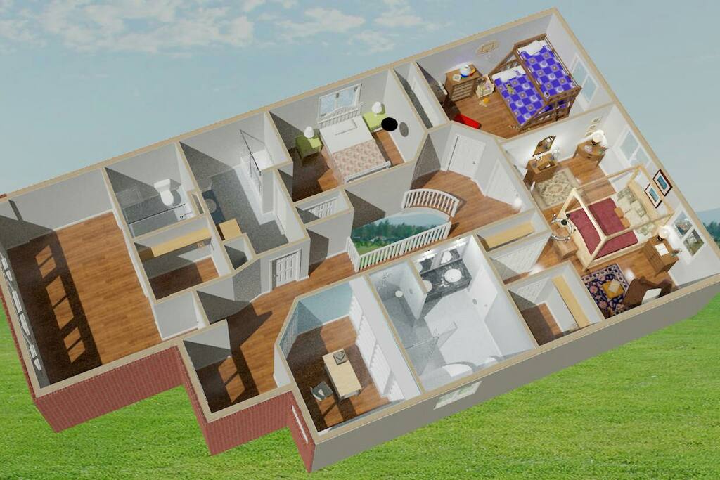 bedroom with the blue bed is the space listed. This digital rendering shows upper level layout. The bathroom is in the center Accessible via hallway and breakfast nook located at front of home in corner. Room in this 3D model picture is the one with the blue beds