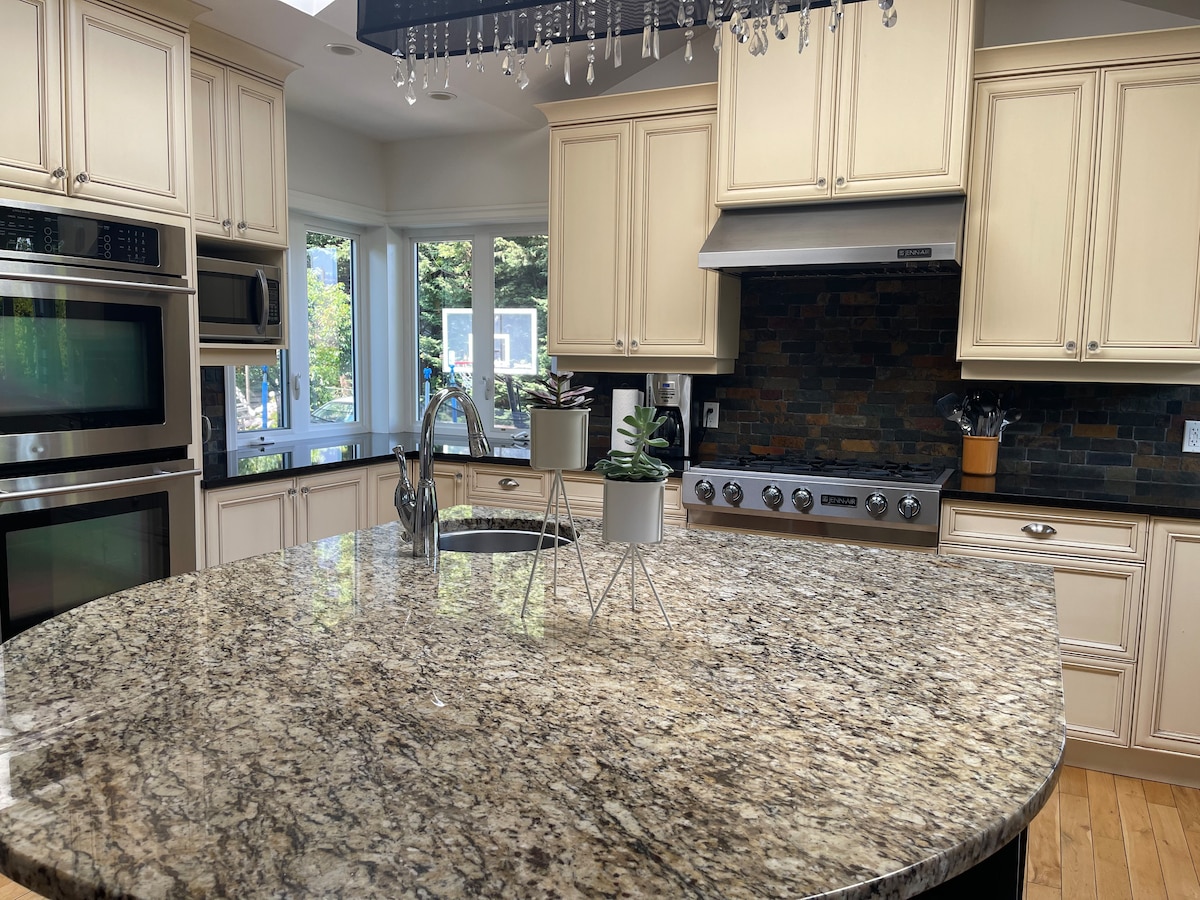 A modern kitchen features elegant cabinets and a spacious granite countertop adorned with potted plants. Stainless steel appliances are positioned for convenience, and large windows allow natural light to illuminate the area.
