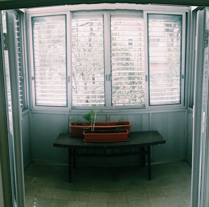 Cozy balcony to the front of the living room opens up to garden and trees facing the front of the apartment. Plenty of room to pull up a couple of chairs to enjoy a cup of coffee, fresh air, and to hear the birds singing throughout the day.