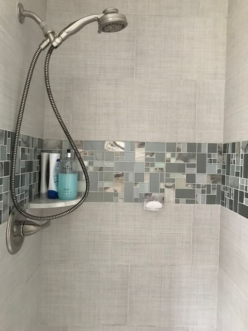 Updated shower with glass door.