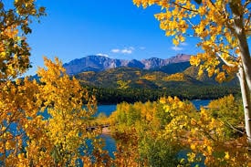 A serene landscape showcases vibrant golden-yellow foliage framing a clear blue lake. Towering mountains in the background are adorned with autumn colors, reflecting the richness of the season under a bright sky.