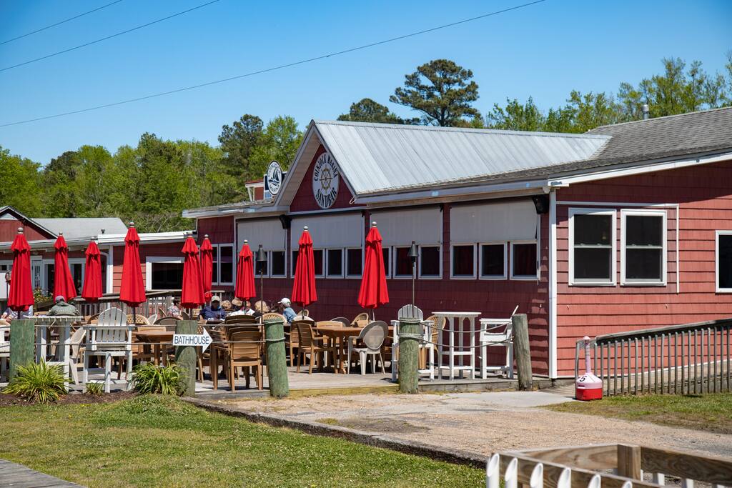 Outdoor patio to dine at the Coinjock Marina just steps away from your new home away from home!