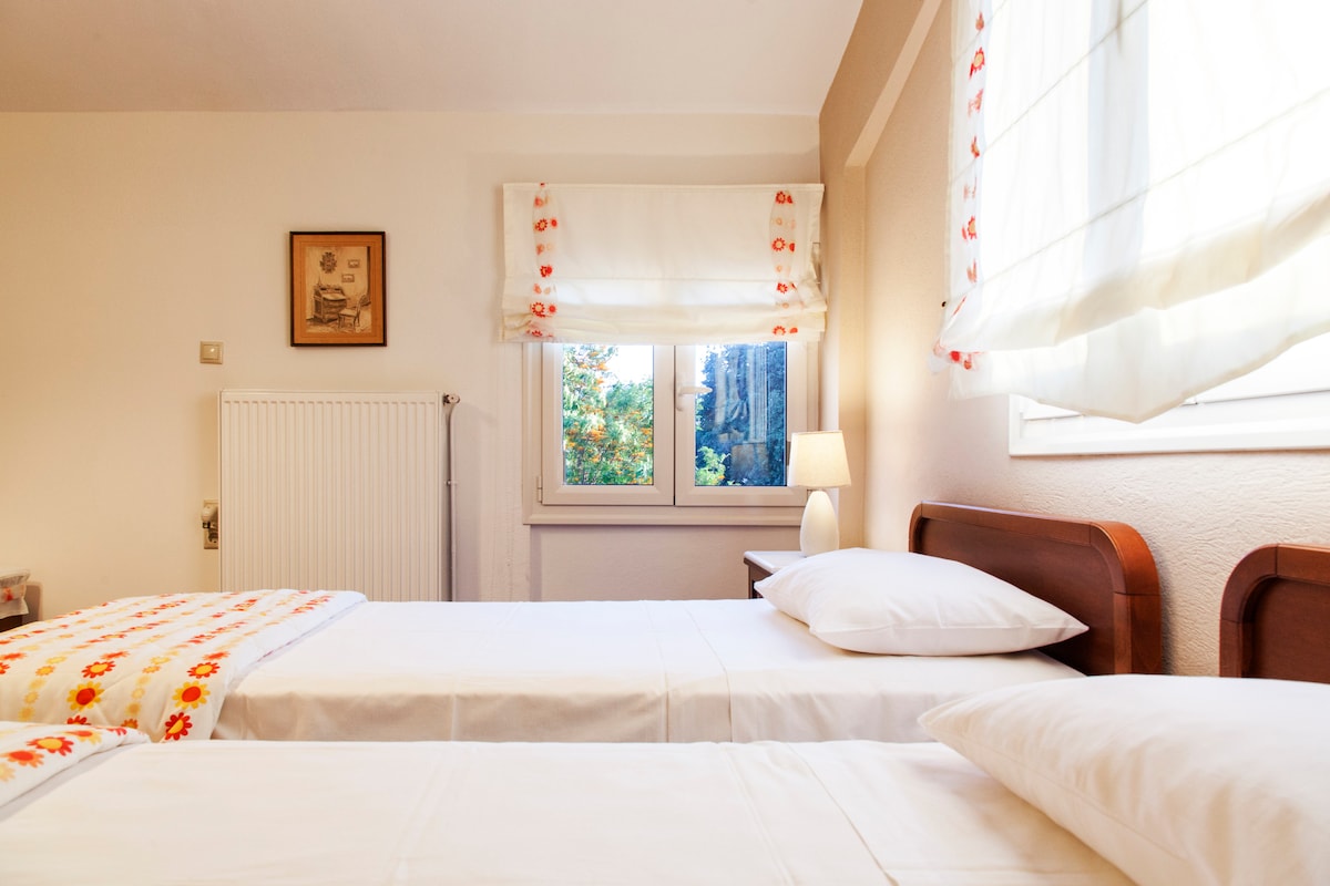 双人卧室配有几扇窗户，可提供适当的照明和通风！