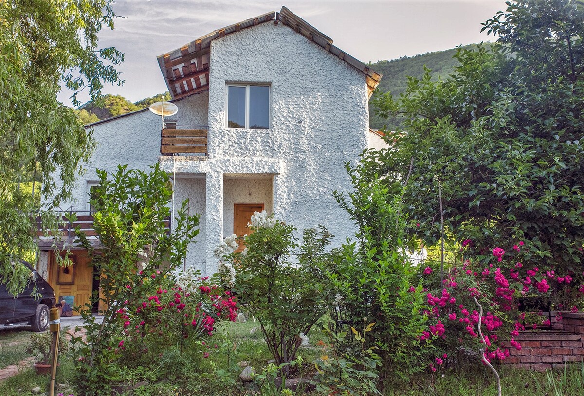 The exterior of the house features a textured white façade with a wooden roof accent. Lush greenery surrounds the property, complemented by vibrant flowering plants in the foreground. A large window provides natural light, and a car is parked nearby, adding to the inviting scene.