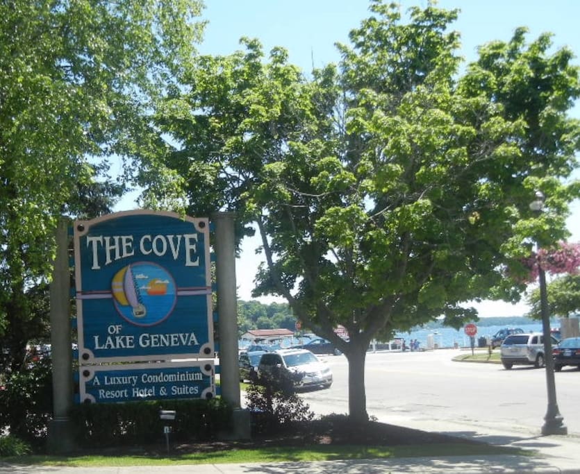 This is entry to parking lot with Lake Geneva in the background.