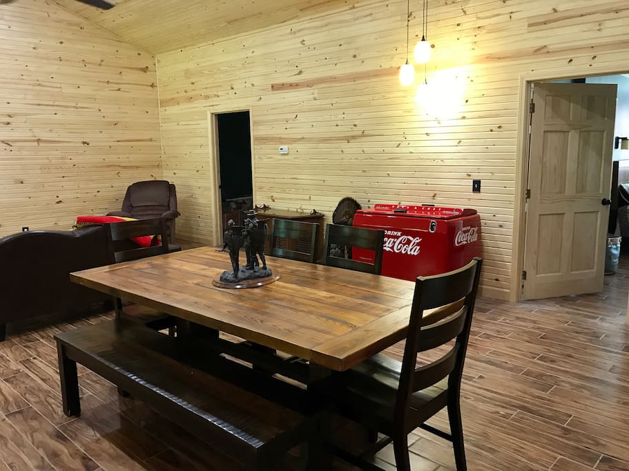 Working Coke cooler, family style table comfortably seats 7.