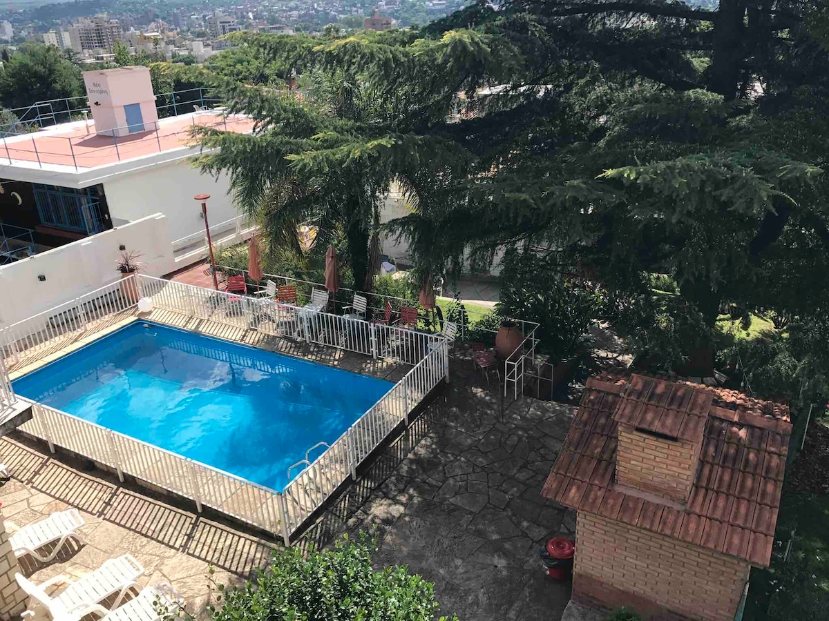 A shared swimming pool is surrounded by a stone patio and green grass, with lounge chairs arranged nearby. A shaded area with a brick barbecue is visible, framed by tall trees providing a serene backdrop against the city view in the distance.