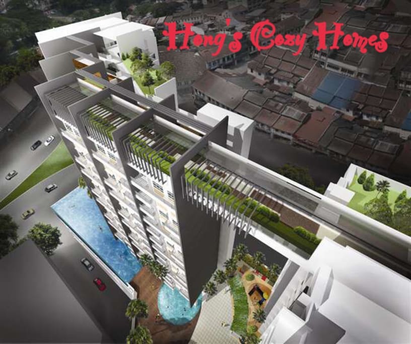Perspective view of the condo. Sky bridge connected 2 blocks :)