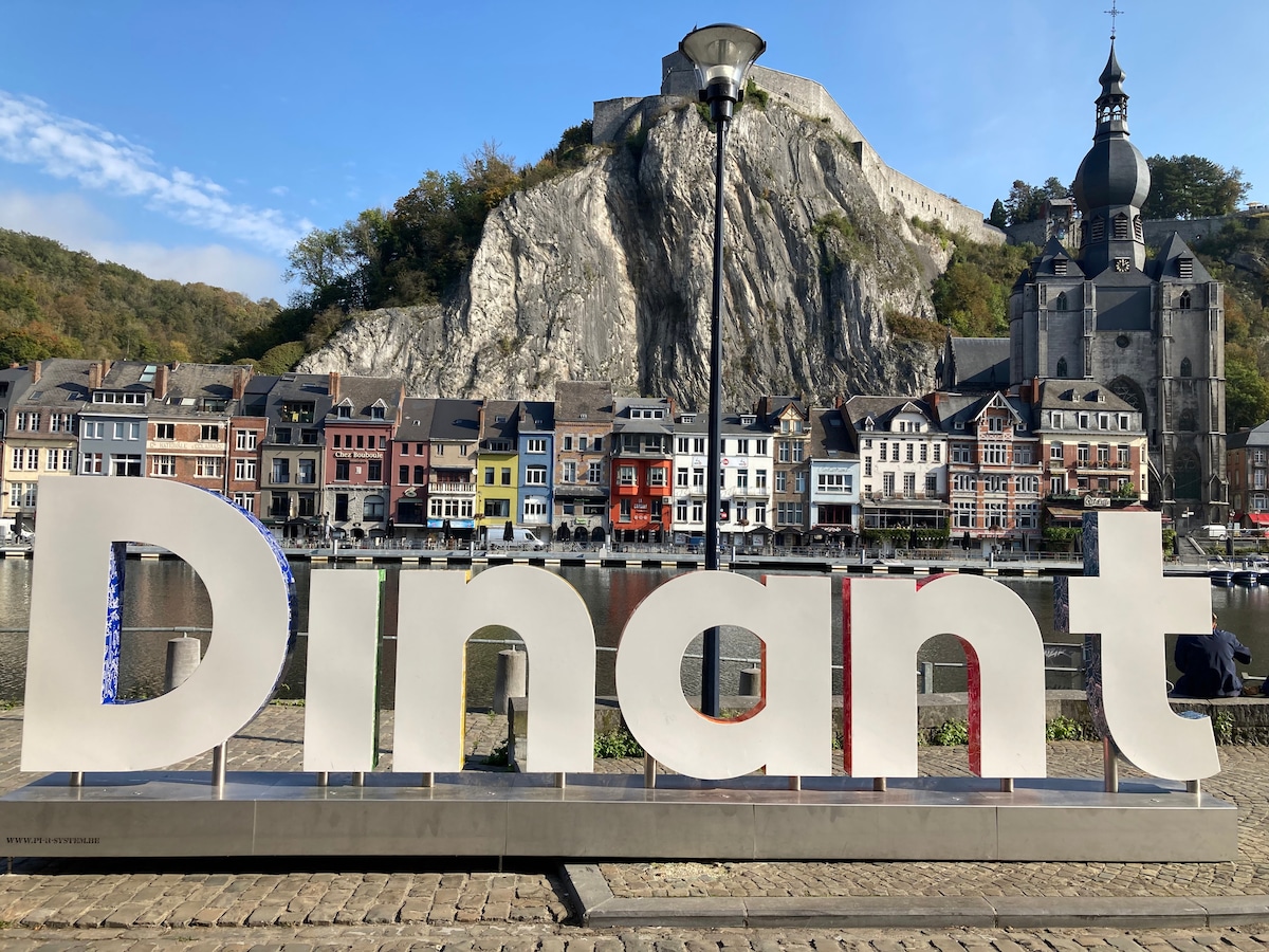 A large sign displaying the name 'Dinant' is positioned in the foreground, with a colorful array of buildings along the riverbank behind it. A steep cliff and a historic church tower are visible in the background, framing the picturesque scene.