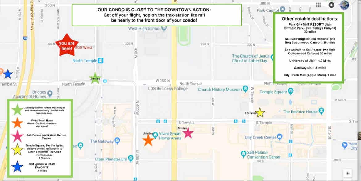 A detailed map highlights the location of the condo in relation to downtown attractions and public transport. Key destinations are marked with colorful stars, and the proximity to the Trax station and notable sites is emphasized, providing an overview of accessibility and nearby points of interest.