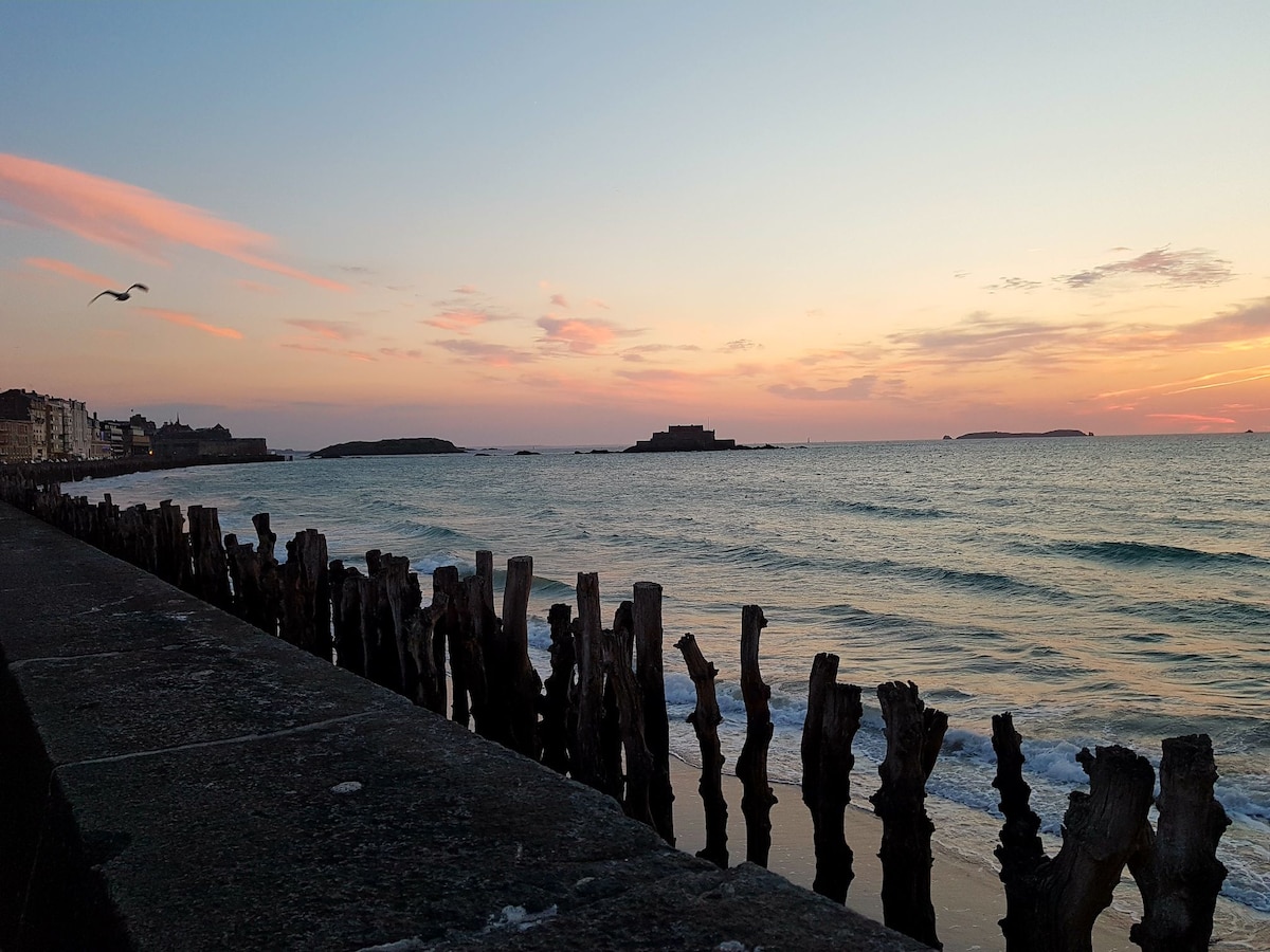 The image captures a serene coastal scene at sunset, featuring soft pastel skies reflecting over gentle waves. A row of rustic wooden posts lines the shore, contrasting with the smooth surface of the water. Distant landforms are visible on the horizon.