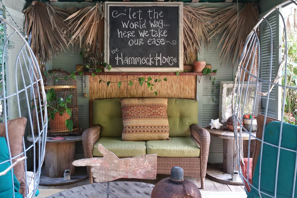 The tiki hut, with its hanging chairs, is a great place to relax after a long day playing on the water.