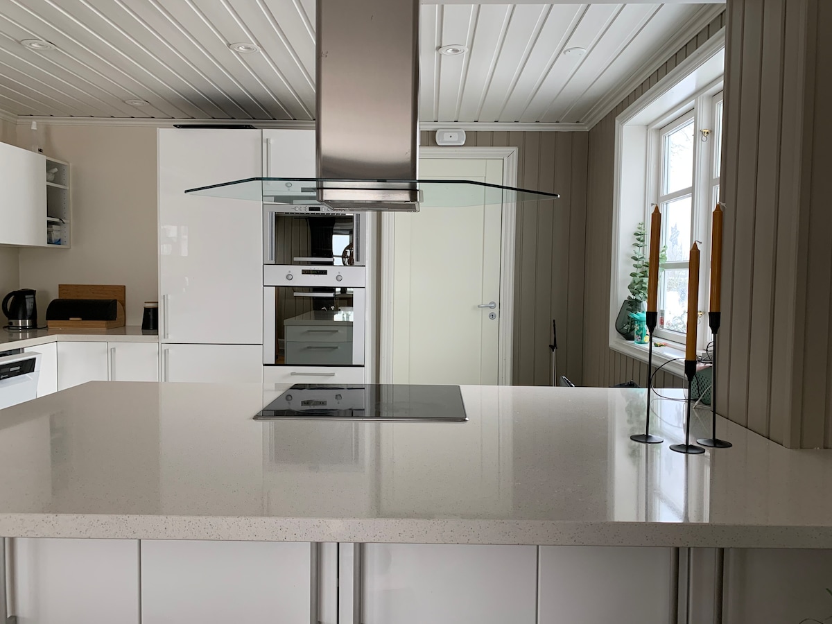 A modern kitchen is displayed with a spacious white countertop and an island featuring a stovetop. Stainless steel appliances are positioned in built-in cabinetry. Natural light enters through a window, highlighting decorative elements such as tall candles on the counter.